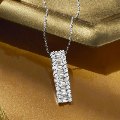 1.00 ct. t.w. Round and Baguette Diamond Bar Pendant Necklace in 14kt White Gold