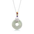 Green Jade and .36 ct. t.w. Multi-Stone &quot;Happy&quot; Chinese Symbol Pendant Necklace in Sterling Silver
