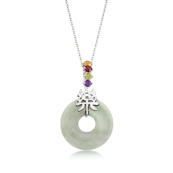 Green Jade and .36 ct. t.w. Multi-Stone &quot;Happy&quot; Chinese Symbol Pendant Necklace in Sterling Silver