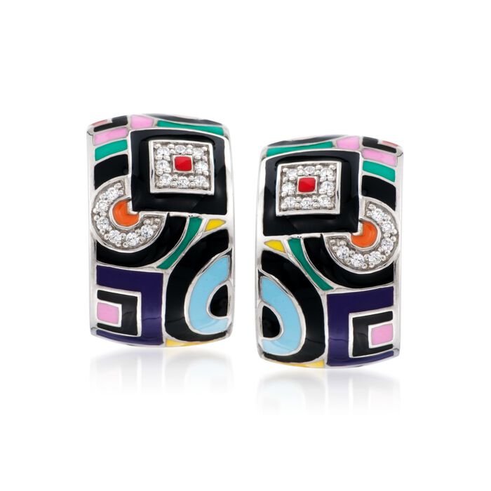 Belle Etoile &quot;Geometrica&quot; Multicolored Enamel and .15 ct. t.w. CZ Hoop Earrings in Sterling Silver
