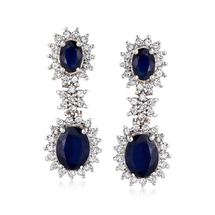C. 1980 Vintage 4.00 ct. t.w. Sapphire and 1.10 ct. t.w. Diamond Double-Drop Earrings in 14kt White Gold