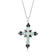Opal and 2.90 ct. t.w. Black Spinel Cross Pendant Necklace in Sterling Silver