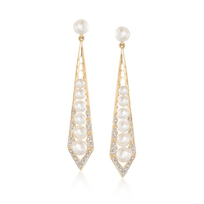 3.5-6mm Cultured Pearl and .10 ct. t.w. Diamond Geometric Drop Earrings in 18kt Gold Over Sterling