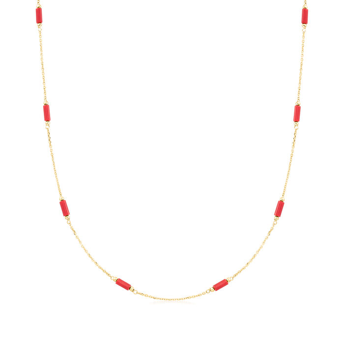 Italian Red Coral Bead Station Necklace in 18kt Yellow Gold
