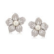 C. 1980 Vintage 2.09 ct. t.w. Diamond and 7mm Pearl Floral Earrings in 18kt White Gold