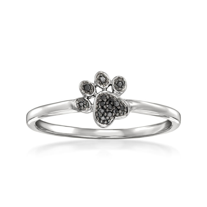Black Diamond-Accented Paw Print Ring in 14kt White Gold