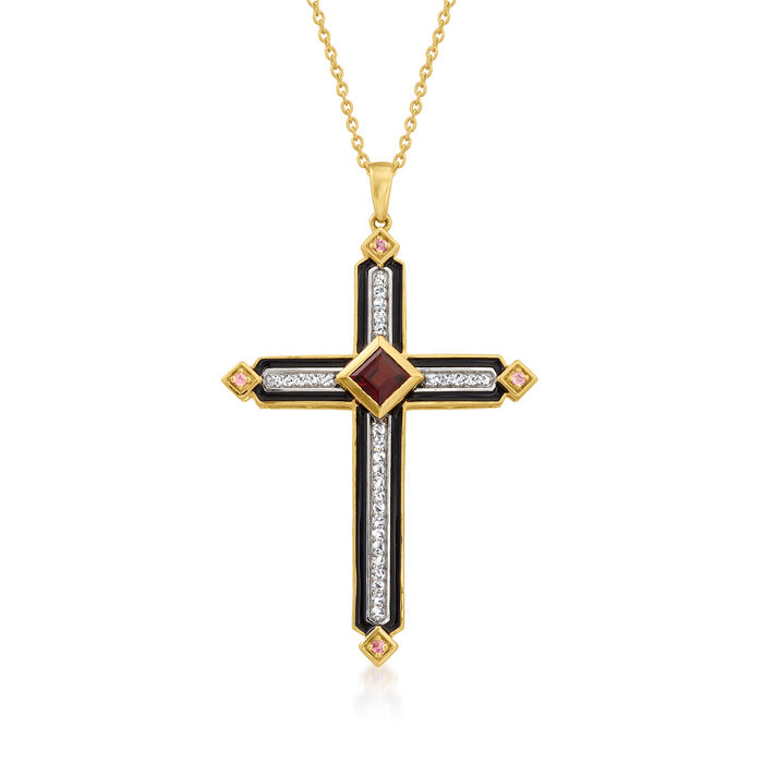 1.27 ct. t.w. Multi-Gemstone Cross Pendant Necklace with Black Enamel in 18kt Gold Over Sterling