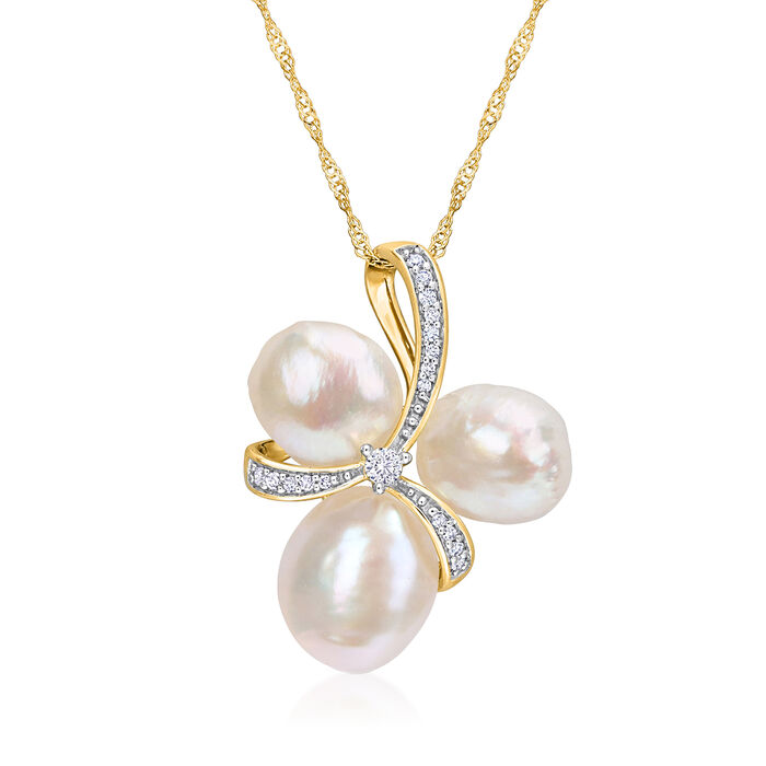 8-9.5mm Cultured Pearl Trio Pendant Necklace with .10 ct. t.w. Diamonds in 14kt Yellow Gold