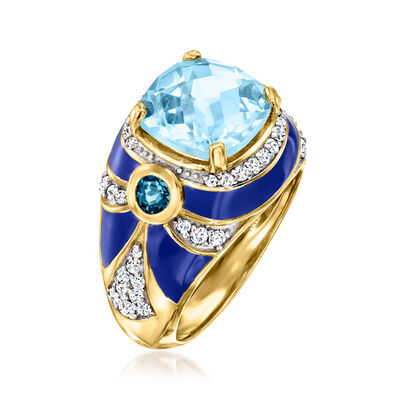 4.40 ct. t.w. London and Sky Blue Topaz and .50 ct. t.w. White Zircon Ring with Blue Enamel in 18kt Gold Over Sterling