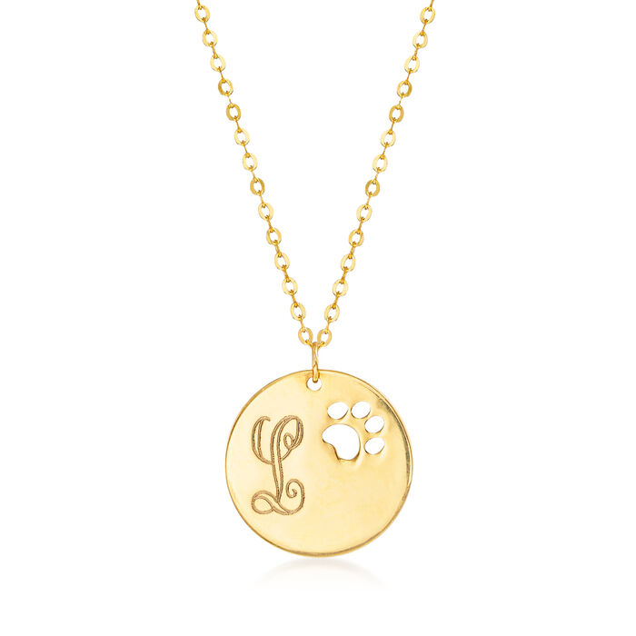 Italian 14kt Yellow Gold Cut-Out Paw Print Single-Initial Disc Necklace