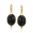 Onyx Scarab Drop Earrings in 22kt Gold Over Sterling