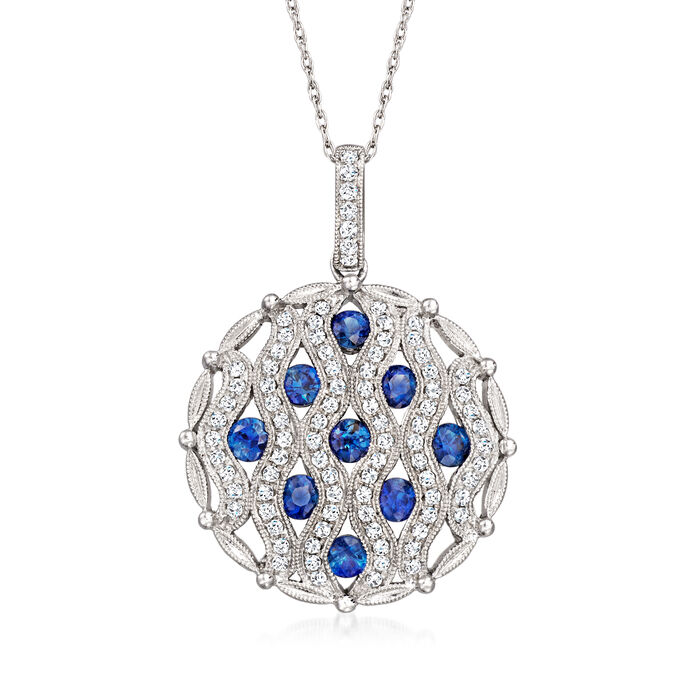 C. 1990 Vintage 1.25 ct. t.w. Sapphire and .75 ct. t.w. Diamond Circle Pendant Necklace in 14kt White Gold