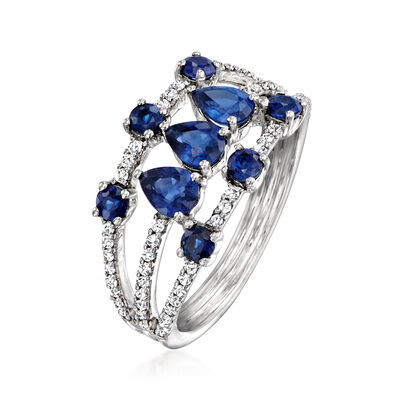 1.20 ct. t.w. Sapphire Three-Row Ring with .24 ct. t.w. Diamonds in 14kt White Gold