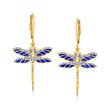 .20 ct. t.w. Diamond and Blue Enamel Dragonfly Drop Earrings in 18kt Gold Over Sterling