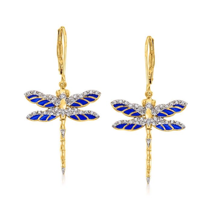 .20 ct. t.w. Diamond and Blue Enamel Dragonfly Drop Earrings in 18kt Gold Over Sterling