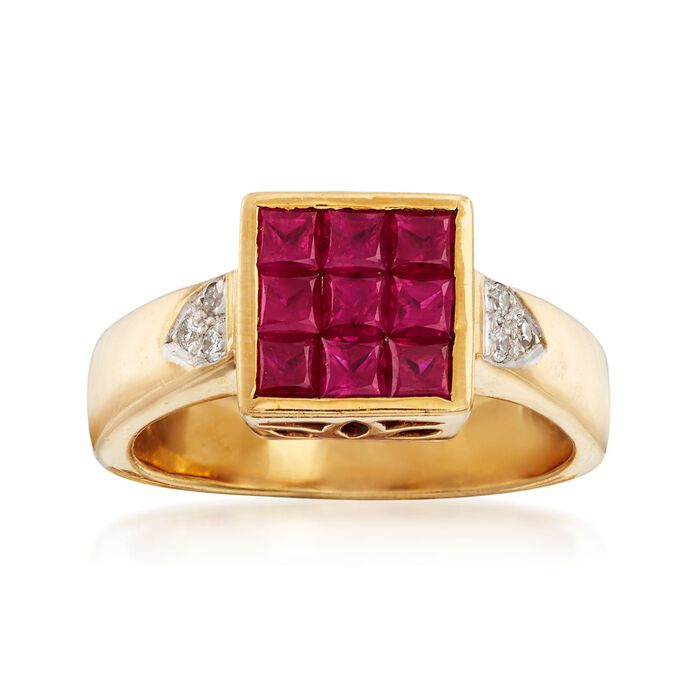 C. 1990 Vintage 1.15 ct. t.w. Ruby Square-Top Ring With Diamond Accents in 18kt Gold