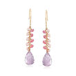 14.00 ct. t.w. Amethyst Drop Earrings with Pink Sapphire and Cultured Pearl Clusters in 14kt Yellow Gold