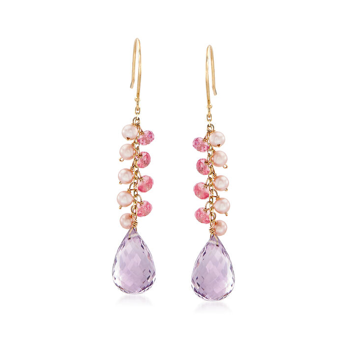 14.00 ct. t.w. Amethyst Drop Earrings with Pink Sapphire and Cultured Pearl Clusters in 14kt Yellow Gold