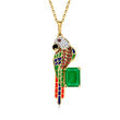 Green Chalcedony, .10 ct. t.w. Garnet and .10 ct. t.w. White Zircon Parrot Pendant Necklace with Multicolored Enamel in 18kt Gold Over Sterling
