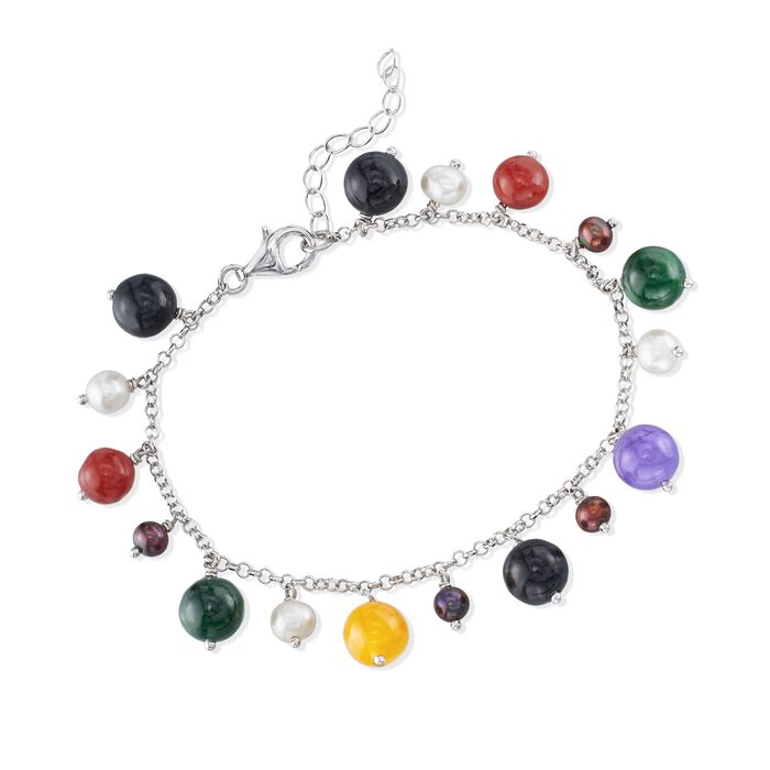 4-5mm Black and White Cultured Pearl and Multicolored Jade Bead Bracelet in Sterling Silver