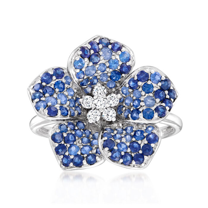 1.20 ct. t.w. Sapphire and .12 ct. t.w. Diamond Flower Ring in 14kt White Gold