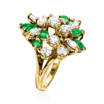 C. 1980 Vintage 2.05 ct. t.w. Diamond and .90 ct. t.w. Emerald Cluster Ring in 14kt Yellow Gold