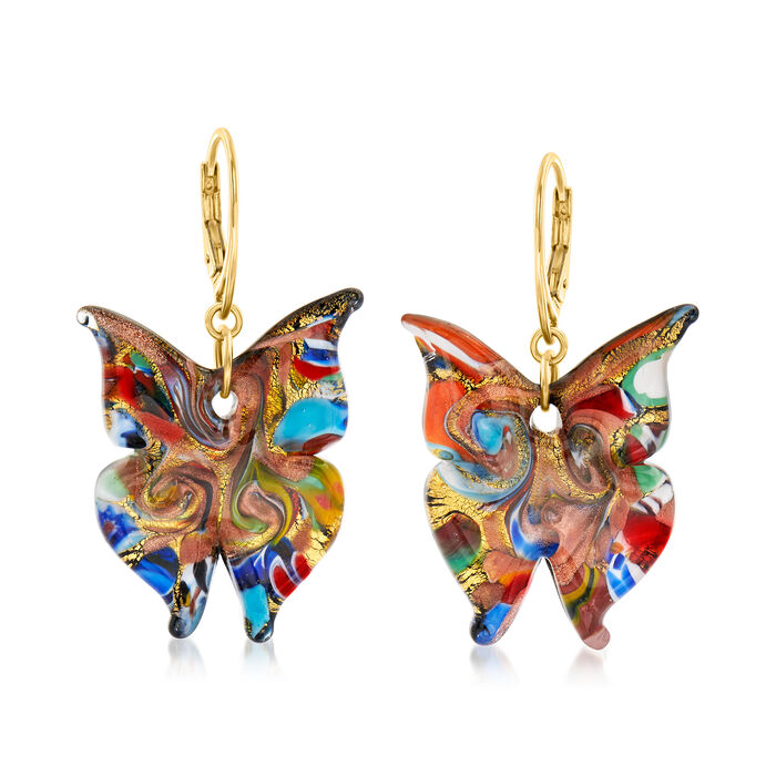 Italian Multicolored Murano Glass Butterfly Drop Earrings with 18kt Gold Over Sterling