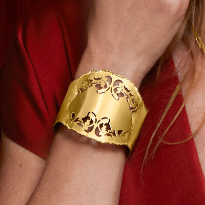 Italian 18kt Gold Over Sterling Floral Openwork Cuff Bracelet