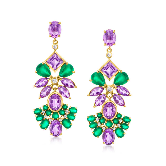 14.10 ct. t.w. Amethyst and Green Chalcedony Drop Earrings with .40 ct. t.w. White Topaz in 18kt Gold Over Sterling
