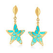 Italian 14kt Yellow Gold and Blue Enamel Starfish Drop Earrings