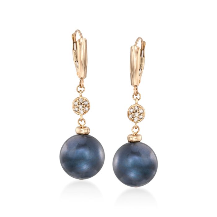 12-14mm Black Cultured Pearl Earrings With Diamonds in 14kt Yellow Gold