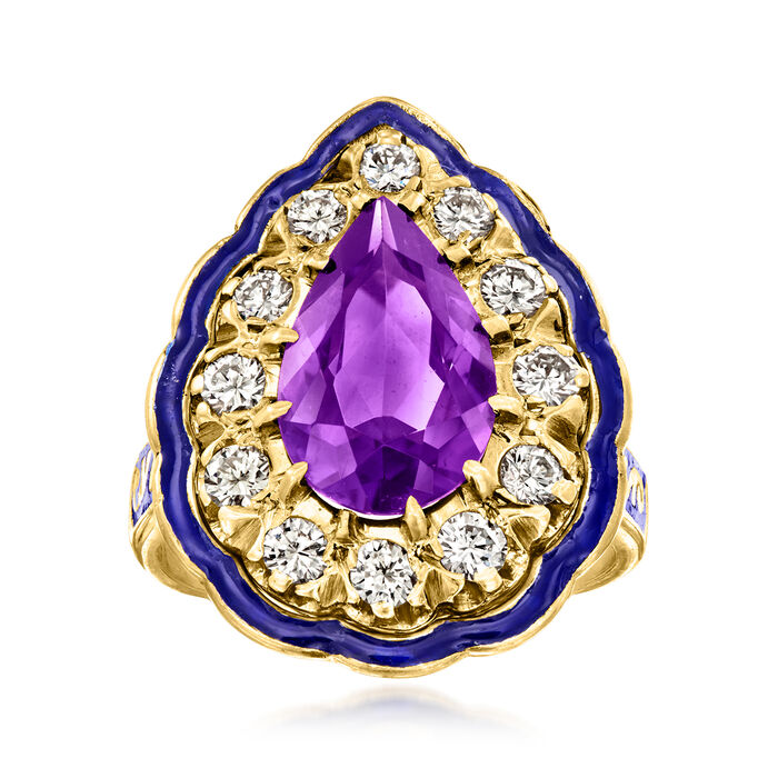 C. 1960 Vintage 2.20 Carat Amethyst and .85 ct. t.w. Diamond Ring with Blue Enamel in 14kt Yellow Gold