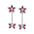 4.20 ct. t.w. Rhodolite Garnet and 1.90 ct. t.w. White Zircon Flower and Butterfly Drop Earrings in Sterling Silver