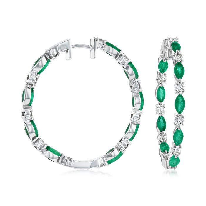 2.50 ct. t.w. Emerald and 1.00 ct. t.w. Diamond Inside-Outside Hoop Earrings in 14kt White Gold