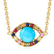 Turquoise and .30 ct. t.w. Multicolored Sapphire Evil Eye Necklace in 18kt Gold Over Sterling