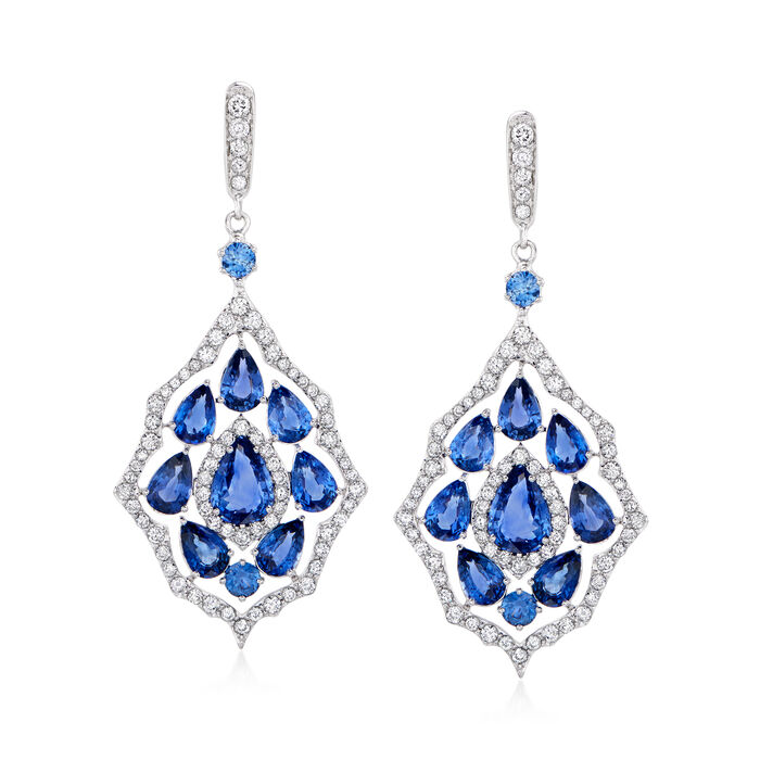 10.50 ct. t.w. Sapphire and 1.91 ct. t.w. Diamond Drop Earrings in 14kt White Gold