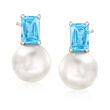 8-8.5mm Cultured Pearl and 1.20 ct. t.w. Swiss Blue Topaz Earrings in Sterling Silver