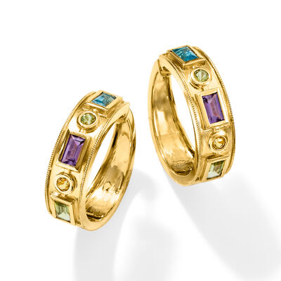 1.70 ct. t.w. Multi-Gemstone Hoop Earrings in 18kt Gold Over Sterling