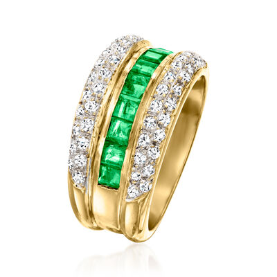 C. 1980 Vintage 1.10 ct. t.w. Emerald and .50 ct. t.w. Diamond Three-Row Ring in 18kt Yellow Gold