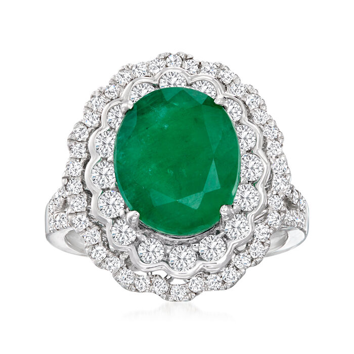 5.25 Carat Emerald Ring with 1.15 ct. t.w. Diamond Scalloped Halo Ring in 14kt White Gold