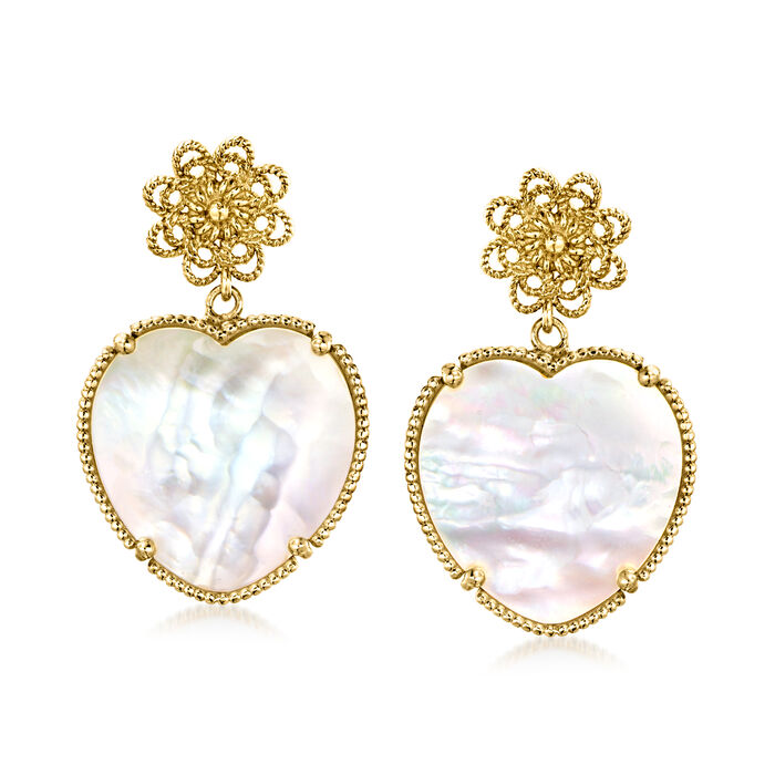 Mother-of-Pearl Floral Heart Drop Earrings in 18kt Gold Over Sterling
