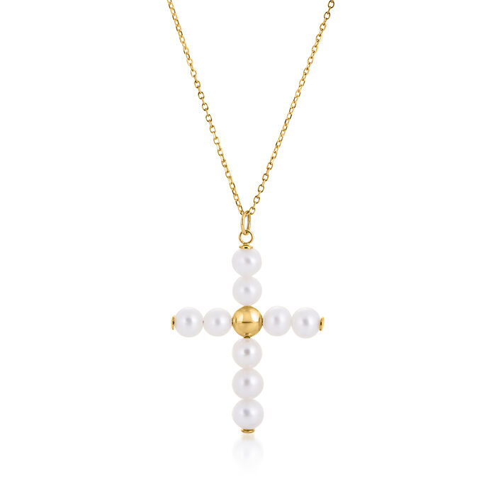 4-4.5mm Cultured Pearl Cross Pendant Necklace in 14kt Yellow Gold