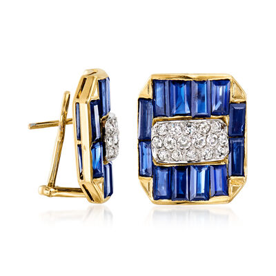 C. 1970 Vintage 9.50 ct. t.w. Sapphire and .80 ct. t.w. Diamond Geometric Earrings in 18kt Yellow Gold