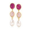 9x13mm Cultured Pearl and 12.90 ct. t.w. Multi-Gemstone Drop Earrings in 18kt Gold Over Sterling