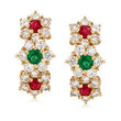 C. 1990 Vintage 1.90 ct. t.w. Diamond and .20 ct. t.w. Ruby Clip-On Earrings with Emeralds in 18kt Gold