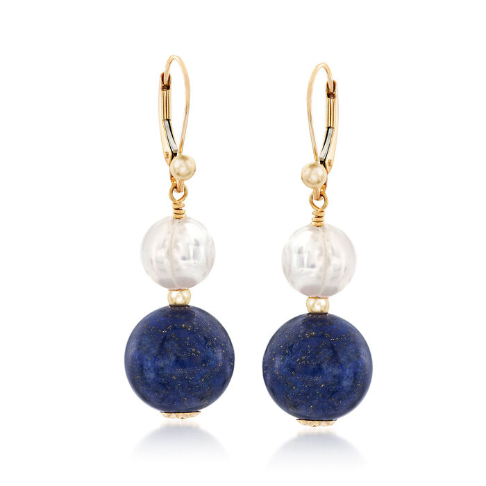 Lapis and 8-8.5mm Cultured Pearl Drop Earrings in 14kt Yellow Gold