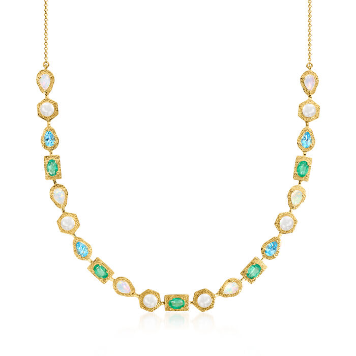 Opal and 4.5-5mm Cultured Pearl Necklace with 2.40 ct. t.w. Emerald and 2.00 ct. t.w. Swiss Blue Topaz in 18kt Gold Over Sterling