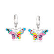 Multicolored Enamel Butterfly Drop Earrings with Diamond Accents in Sterling Silver