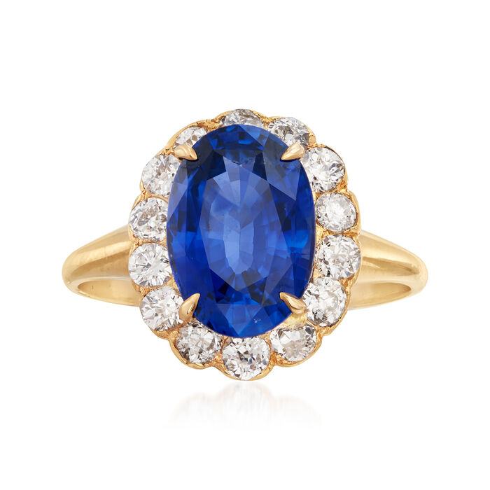 C. 1990 Vintage 3.91 Carat Sapphire and .80 ct. t.w. Diamond Ring in 14kt Yellow Gold