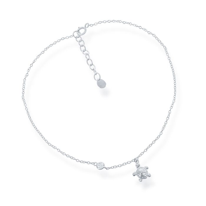 Sterling Silver Sea Turtle Anklet with CZ Accent